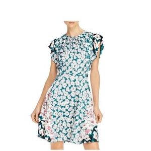 Rebecca Taylor Dress Floral Silk in Green and Pink with cap sleeves